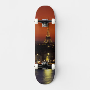 France, Paris Sunset view of Eiffel Tower and Skateboard