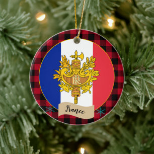 France, Red buffalo plaid, emblem, French Flag Ceramic Ornament