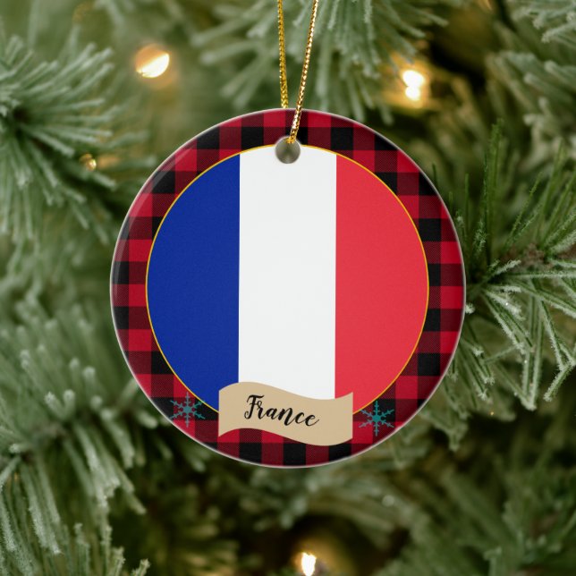 France, Red buffalo plaid & French Flag Ceramic Ornament (Tree)