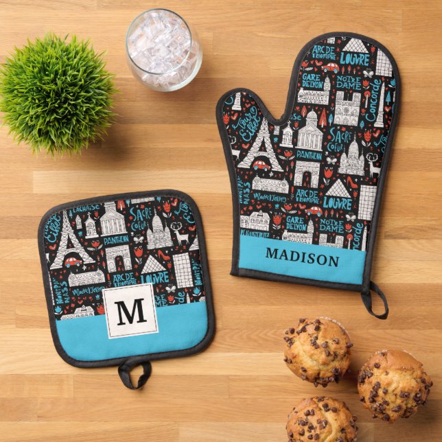 France | Symbols Pattern Oven Mitt & Pot Holder Set (Top Down)