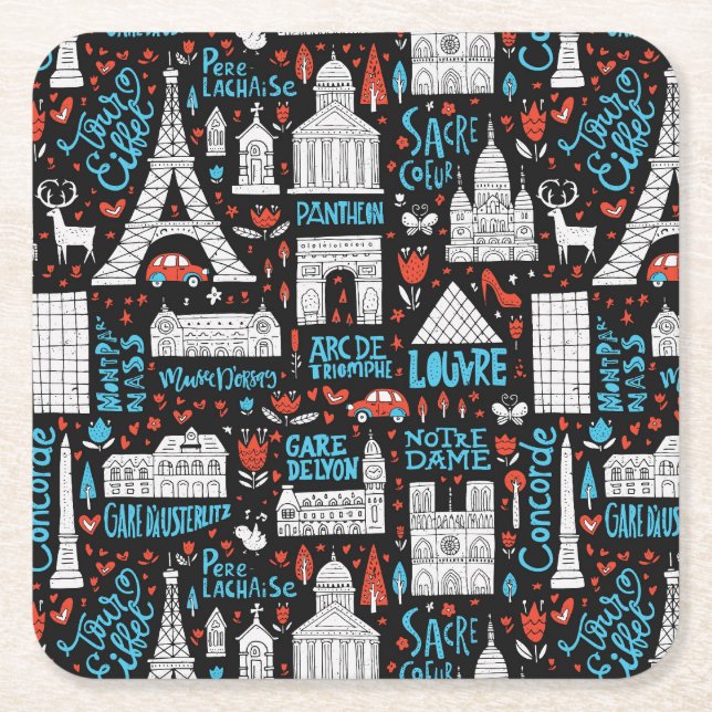 France | Symbols Pattern Square Paper Coaster (Front)