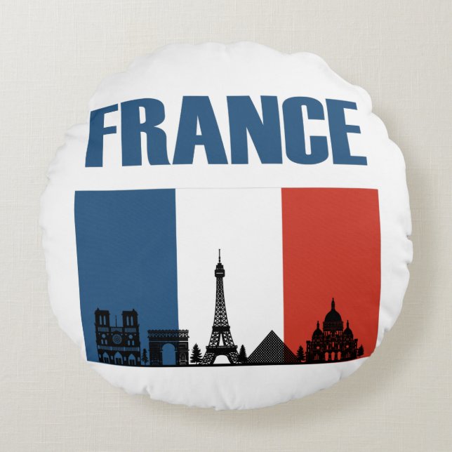 France Travel - Paris City Skyline French Flag Round Cushion (Front)