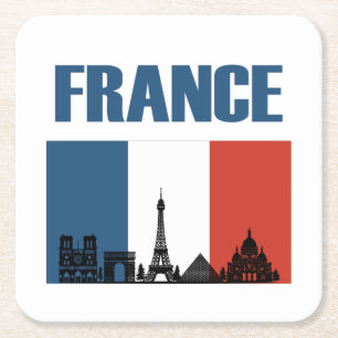 France Travel - Paris City Skyline French Flag Square Paper Coaster