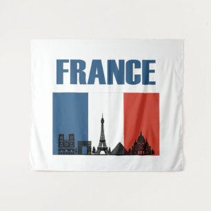 France Travel - Paris City Skyline French Flag Tapestry