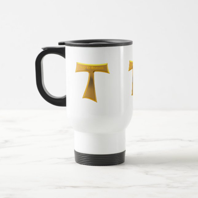 Franciscan Tau Cross Pax Et Bonum Gold Metallic Travel Mug (Left)