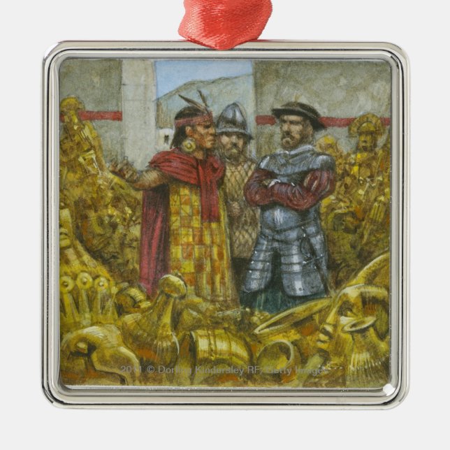 Francisco Pizarro next to Inca Emperor Atahualpa Metal Tree Decoration (Front)