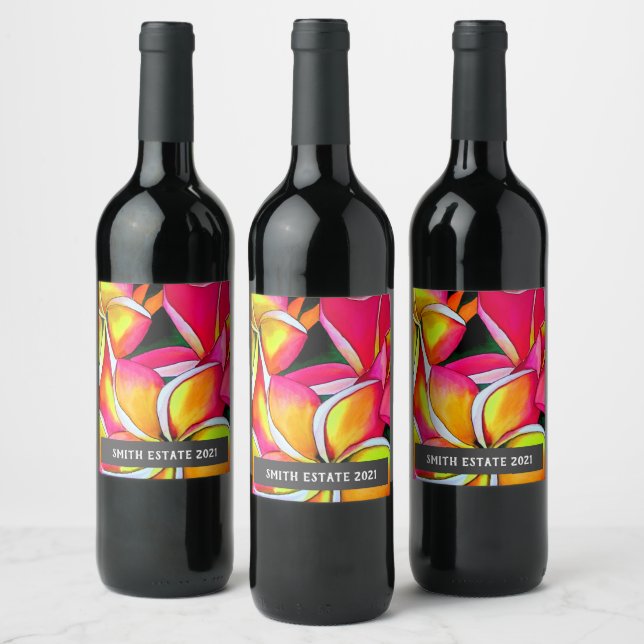 Frangipan flowers watercolor floral art wine label (Bottles)