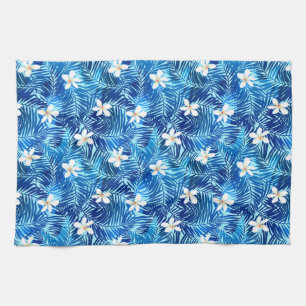 Frangipani and blue palm leaf tea towel