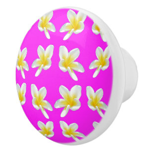 Frangipani Blush: Yellow Frangipani Blooms On Pink Ceramic Knob