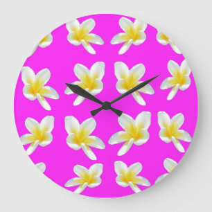 Frangipani Blush: Yellow Frangipani Blooms On Pink Large Clock