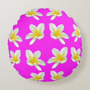 Frangipani Blush: Yellow Frangipani Blooms On Pink Round Cushion