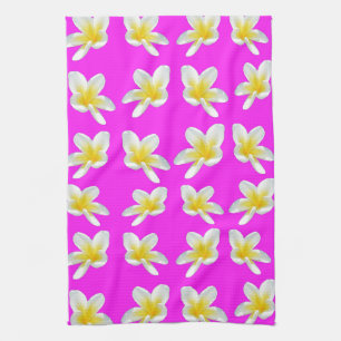 Frangipani Blush: Yellow Frangipani Blooms On Pink Tea Towel