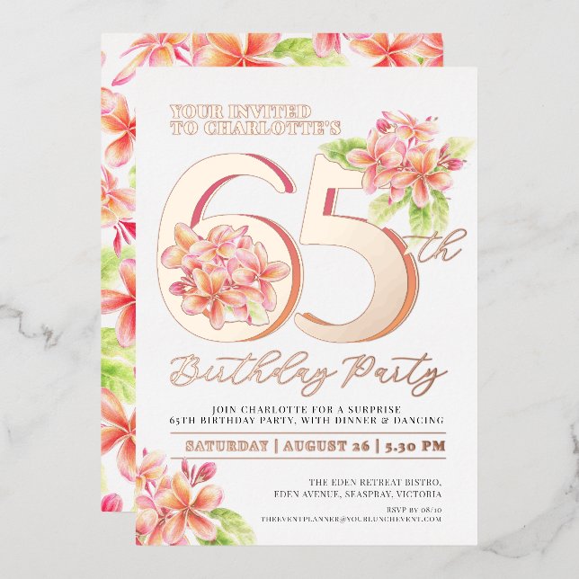Frangipani floral pink orange 65th birthday party (Front/Back)