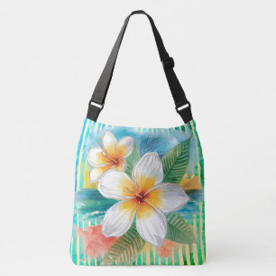 Frangipani Flowers ,Turquoise Yellow Line Pattern Crossbody Bag