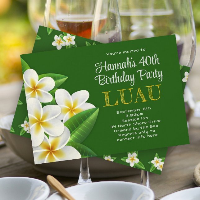 Frangipani Hawaiian Luau Party Green Invitations (Creator Uploaded)
