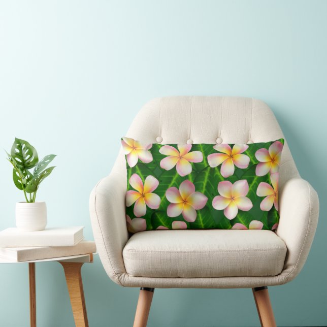 Frangipani Plumeria Flowers on Green Leaves Lumbar Cushion (Chair)