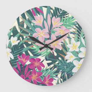 Frangipani Tropical: Pink-White Vintage. Large Clock