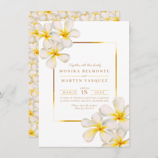Frangipani white gold tropical flower art wedding invitation (Front/Back)