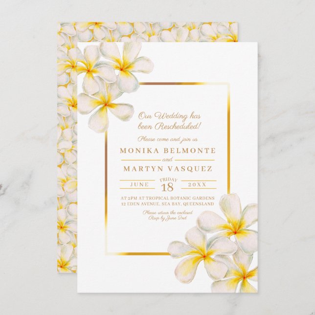 Frangipani white gold tropical rescheduled wedding invitation (Front/Back)