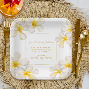 Frangipani white gold tropical wedding paper plate