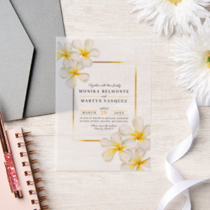 Frangipani white gold tropical wedding vellum invitations