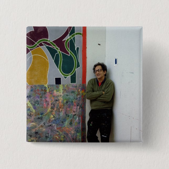 Frank Stella  beside one of his works 15 Cm Square Badge (Front)