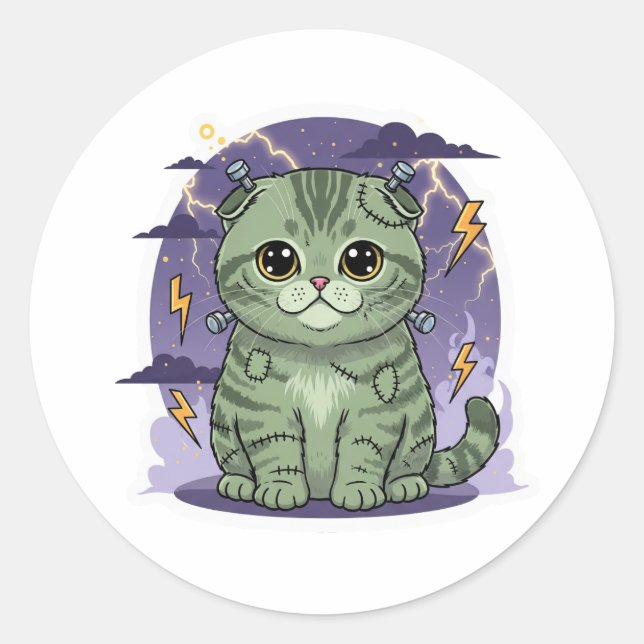 Frankenfold – Cute Scottish Fold Frankenstein Cat  Classic Round Sticker (Front)