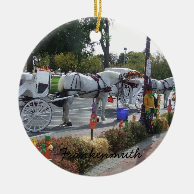 Frankenmuth Michigan White Horse Carriage Autumn Ceramic Ornament (Front)