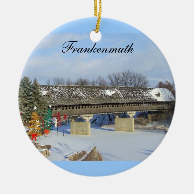 Frankenmuth Wooden Covered Bridge Michigan 2 Sided Ceramic Ornament (Front)