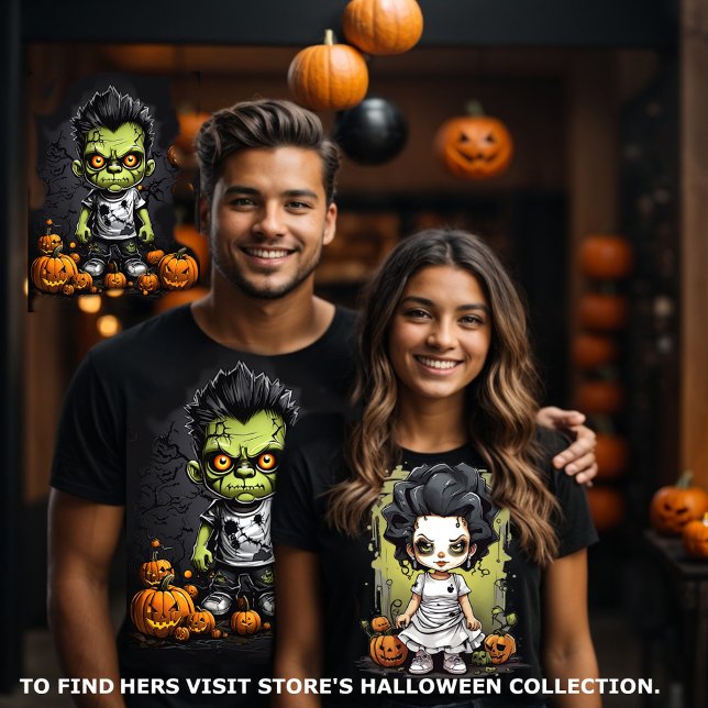 Frankenstein and His Bride Couples Matching  T-Shirt (Halloween couples matching tee. Frankenstein and his bride visit store to find hers.)