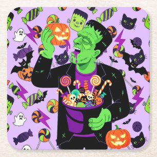Frankenstein Halloween Illustration Creepy Cute Square Paper Coaster