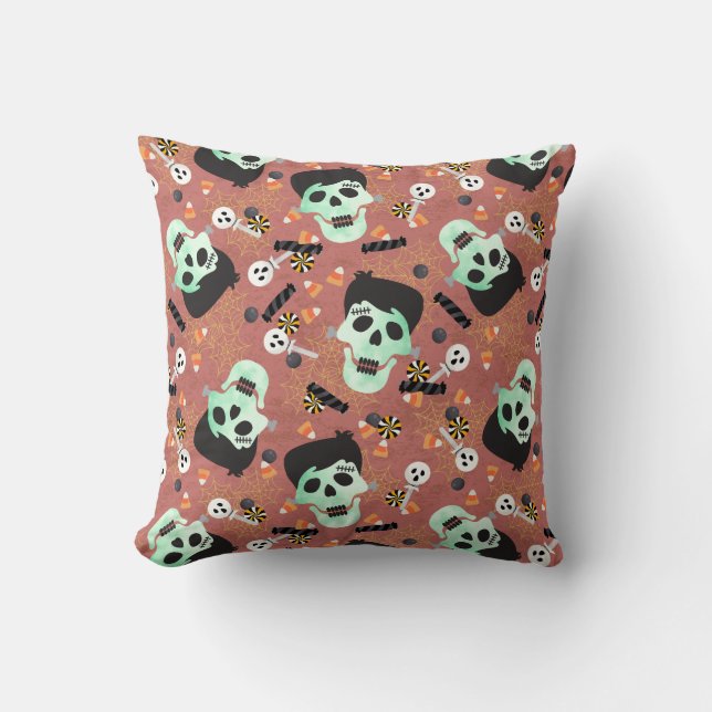 Frankenstein Halloween Skull Throw Pillow (Front)