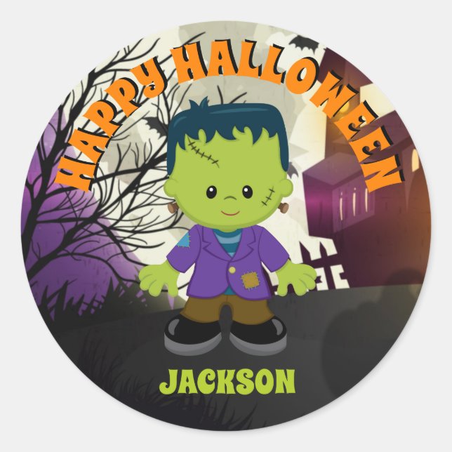 Frankenstein Halloween Stickers Kids Personalised (Front)