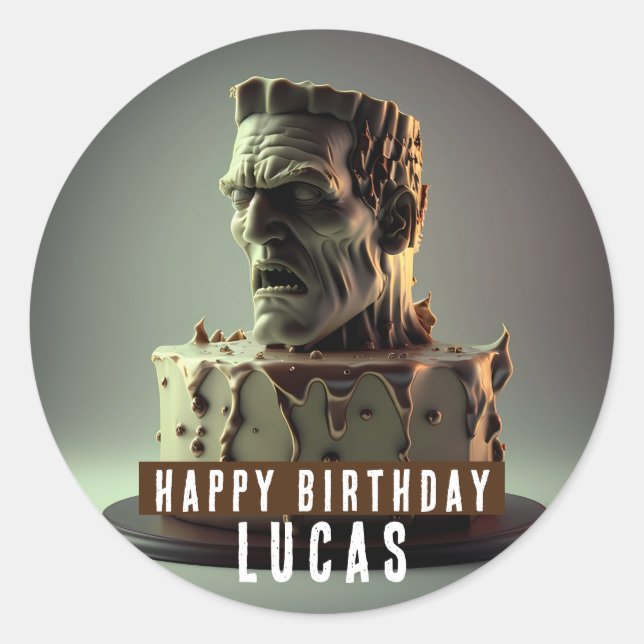 Frankenstein Head Birthday  Chocolate Cake -  Classic Round Sticker (Front)