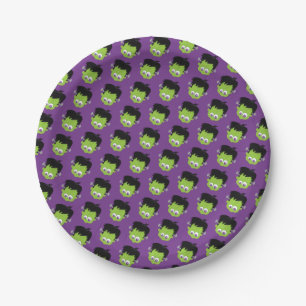 Frankenstein Head Halloween Green Purple Pattern Paper Plate