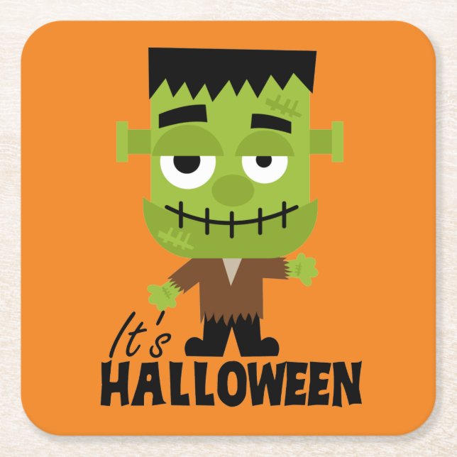 Frankenstein It's Halloween Square Paper Coaster (Front)