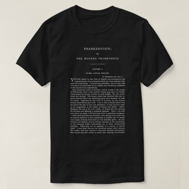 Frankenstein Mary Shelley First Page T-Shirt (Design Front)