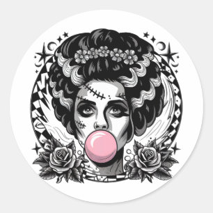 Frankenstein Monster And Bride Bubble Gum Funny Ha Classic Round Sticker