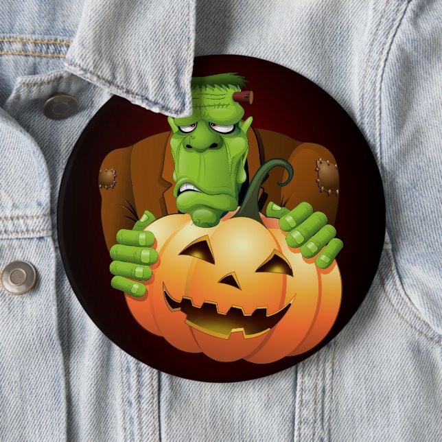 Frankenstein Monster Cartoon with Pumpkin 6 Cm Round Badge (In Situ)
