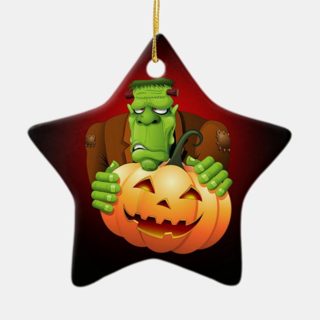Frankenstein Monster Cartoon with Pumpkin Ceramic Ornament (Front)