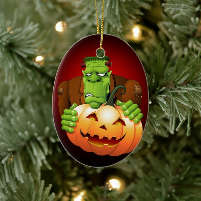 Frankenstein Monster Cartoon with Pumpkin Ceramic Ornament (Tree)