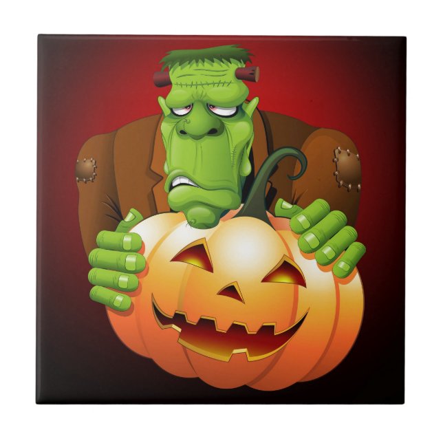 Frankenstein Monster Cartoon with Pumpkin Ceramic Tile (Front)