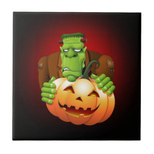 Frankenstein Monster Cartoon with Pumpkin Ceramic Tile