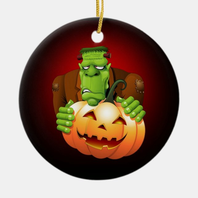 Frankenstein Monster Cartoon with Pumpkin Ceramic Tree Decoration (Front)