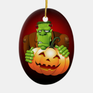 Frankenstein Monster Cartoon with Pumpkin Ceramic Tree Decoration