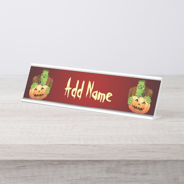 Frankenstein Monster Cartoon with Pumpkin Desk Name Plate (Front)