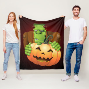 Frankenstein Monster Cartoon with Pumpkin Fleece Blanket