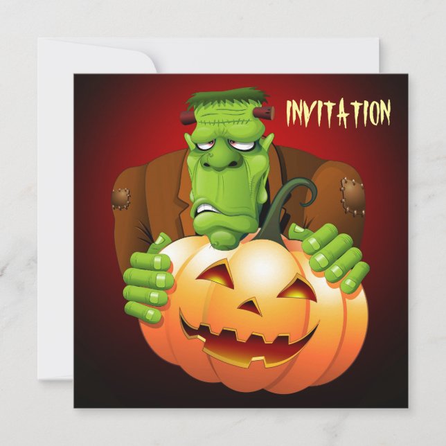 Frankenstein Monster Cartoon with Pumpkin Invitation (Front)