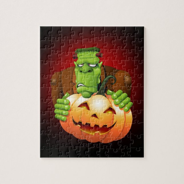 Frankenstein Monster Cartoon with Pumpkin Jigsaw Puzzle (Vertical)