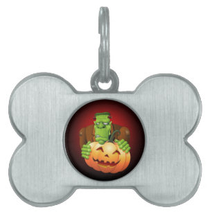 Frankenstein Monster Cartoon with Pumpkin Pet Name Tag
